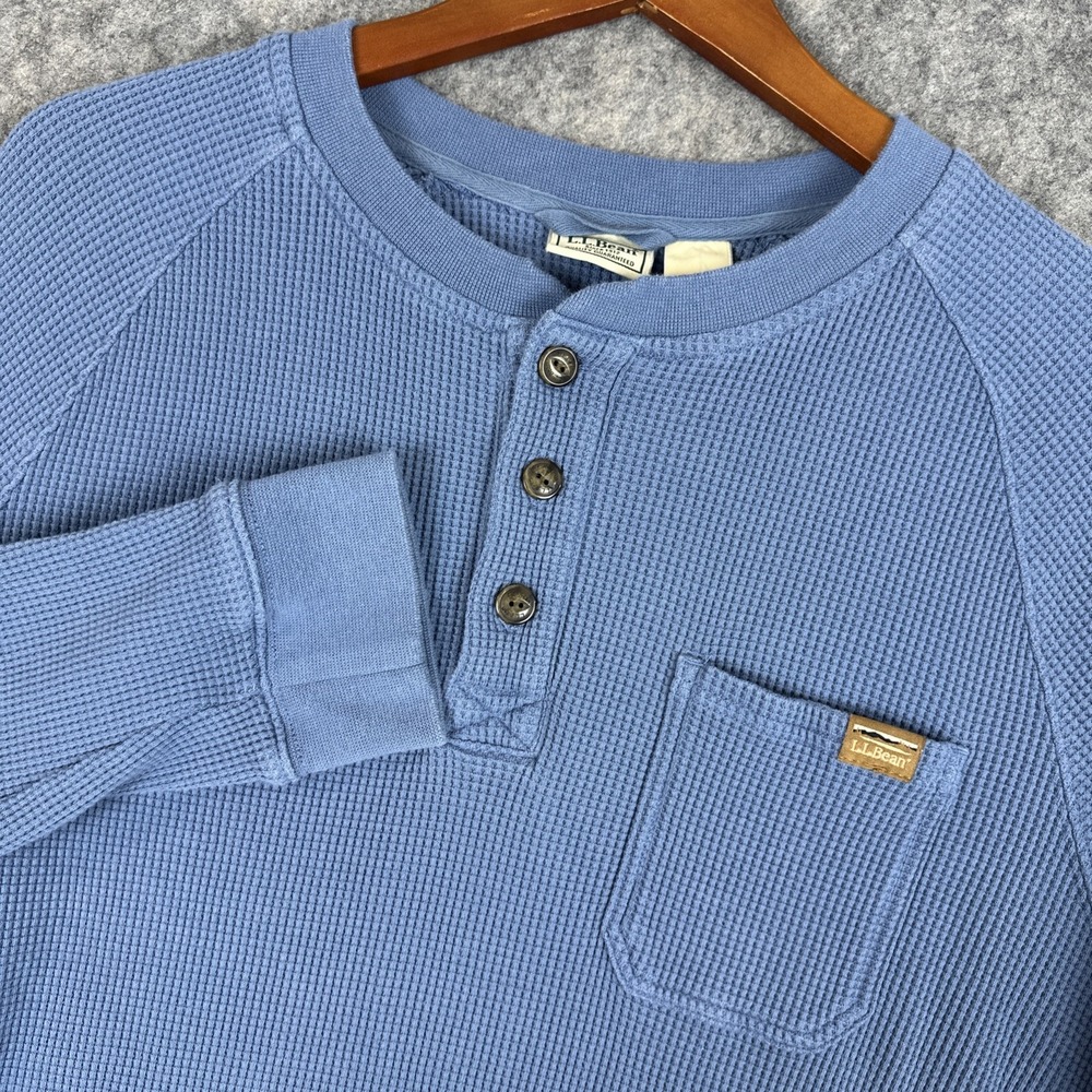LL Bean Shirt Mens L-Tall Blue Thick Heavy Waffle Henley Pocket Logo Outdoor EUC